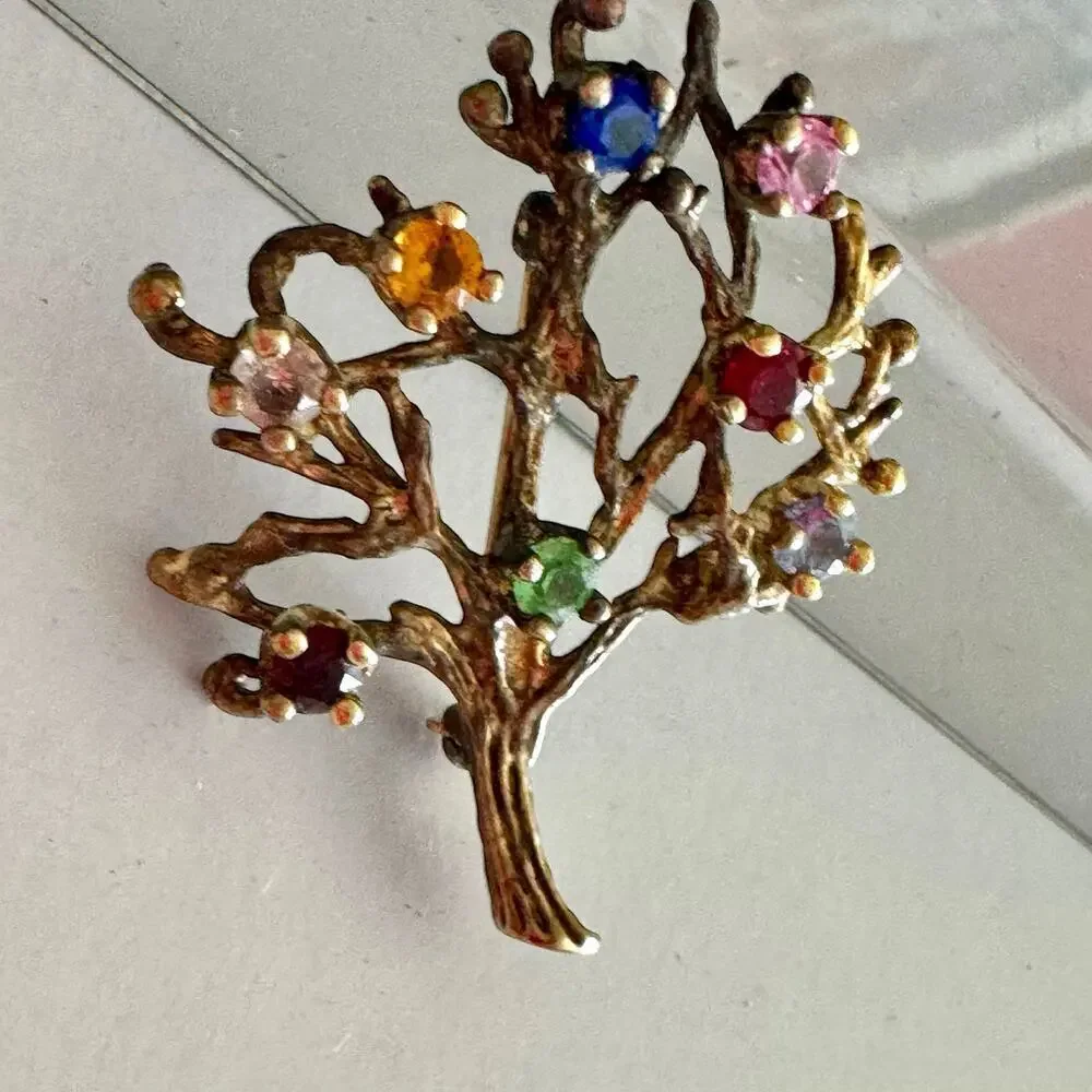 Vermeil Sterling Silver Tree of Life Fruit Salad Rhinestone Pin Brooch VNTG